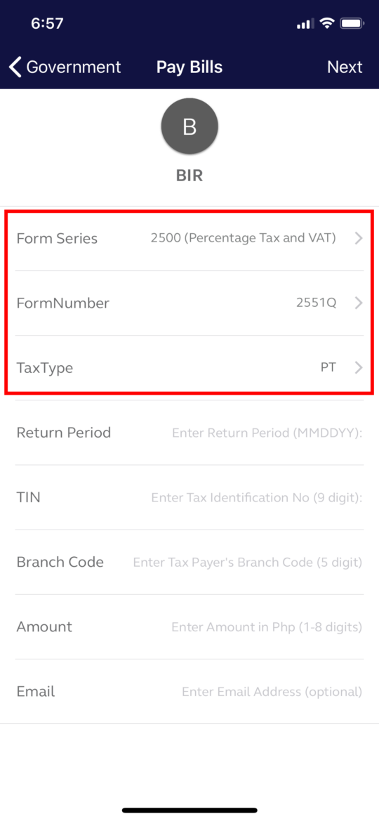Under the Form Series selection, choose 2500 (Percentage Tax and VAT) if you're going to pay for the quarterly Percentage Tax. Under Form Number, select 2551Q. Under Tax Type, select PT.